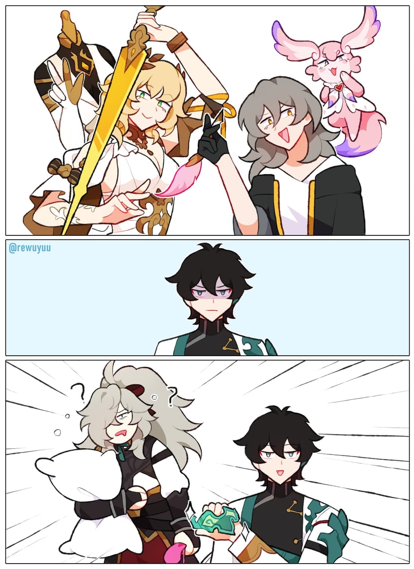 trailblazer, stelle, dan heng, aglaea, jing yuan, and 1 more (honkai and 1 more) drawn by rewuyuu