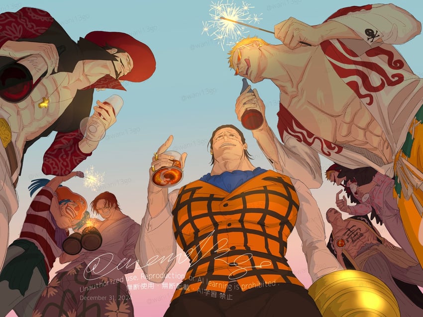 donquixote doflamingo, crocodile, shanks, buggy the clown, dracule mihawk, and 2 more (one piece) drawn by loki_illust