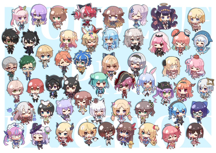 gawr gura, houshou marine, shirakami fubuki, hoshimachi suisei, mori calliope, and 56 more (hololive and 3 more) drawn by koga_rejini