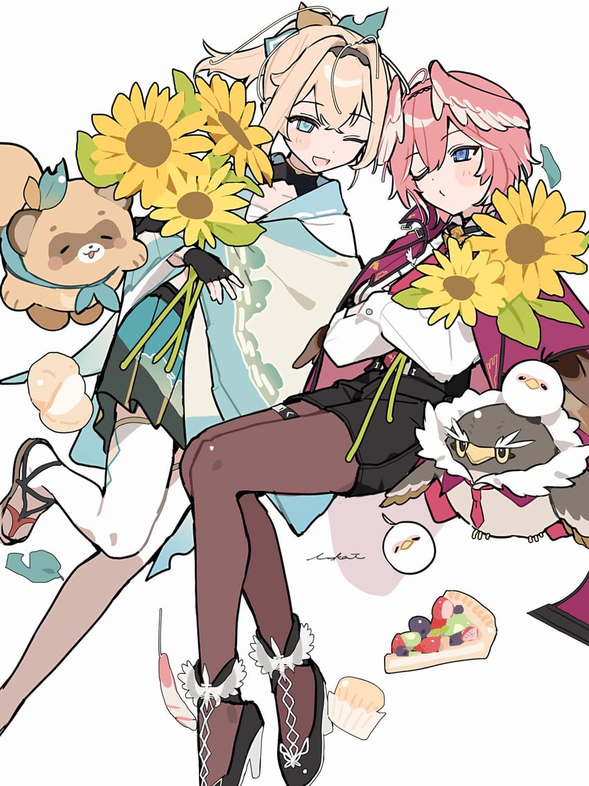 kazama iroha, takane lui, pokobee, ganmo, tsukune, and 1 more (hololive) drawn by tai_inukai