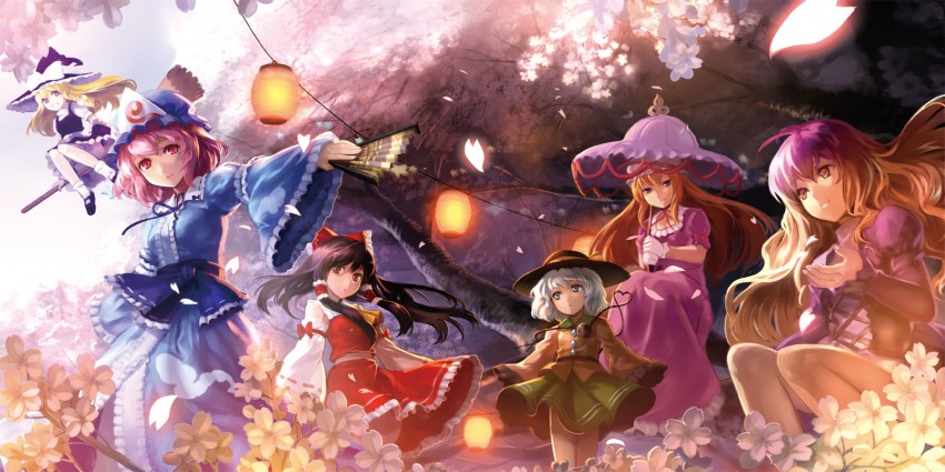 hakurei reimu, kirisame marisa, komeiji koishi, yakumo yukari, saigyouji yuyuko, and 1 more (touhou) drawn by won_(toufunokado)