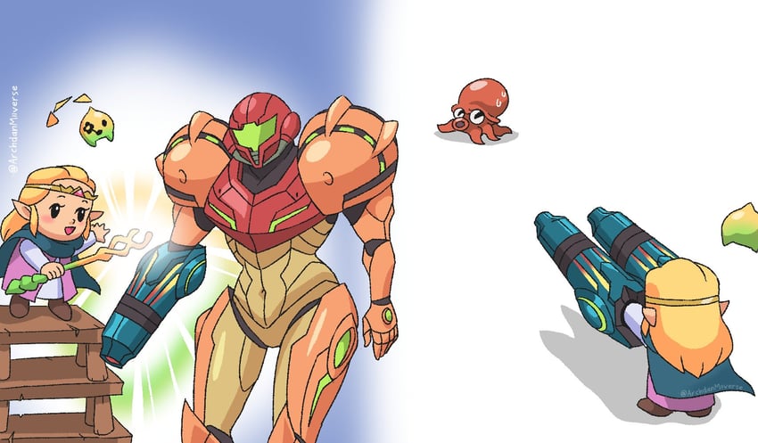 princess zelda, samus aran, tri, and octorok (the legend of zelda and 3 more) drawn by archdan