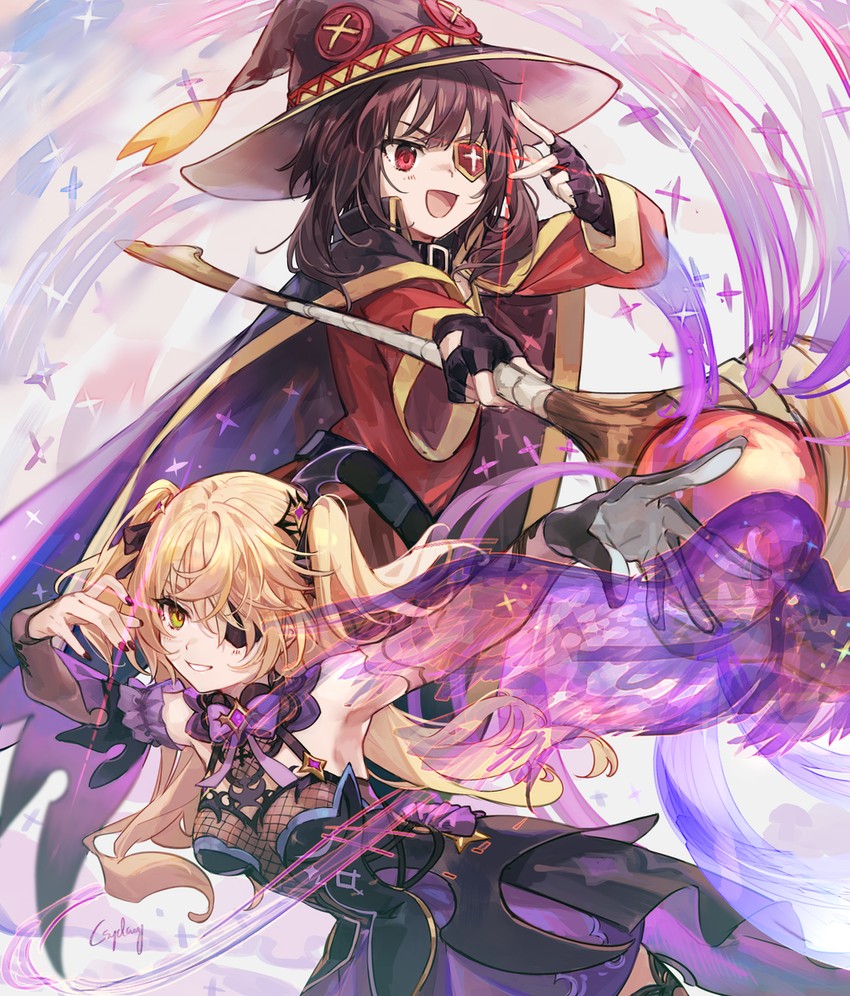 megumin, fischl, and oz (genshin impact and 1 more) drawn by csyday