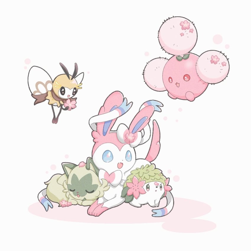 sylveon, sprigatito, shaymin, jumpluff, and ribombee (pokemon) drawn by kuu02h