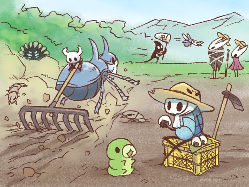 knight, hornet, hollow knight, quirrel, grub, and 3 more (hollow knight) drawn by fuifui