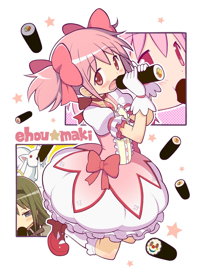 akemi homura, kaname madoka, kyubey, and charlotte (mahou shoujo madoka magica) drawn by gecchu