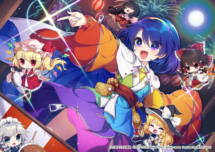 hakurei reimu, kirisame marisa, flandre scarlet, izayoi sakuya, houraisan kaguya, and 1 more (touhou and 1 more) drawn by kozakura_(dictionary)