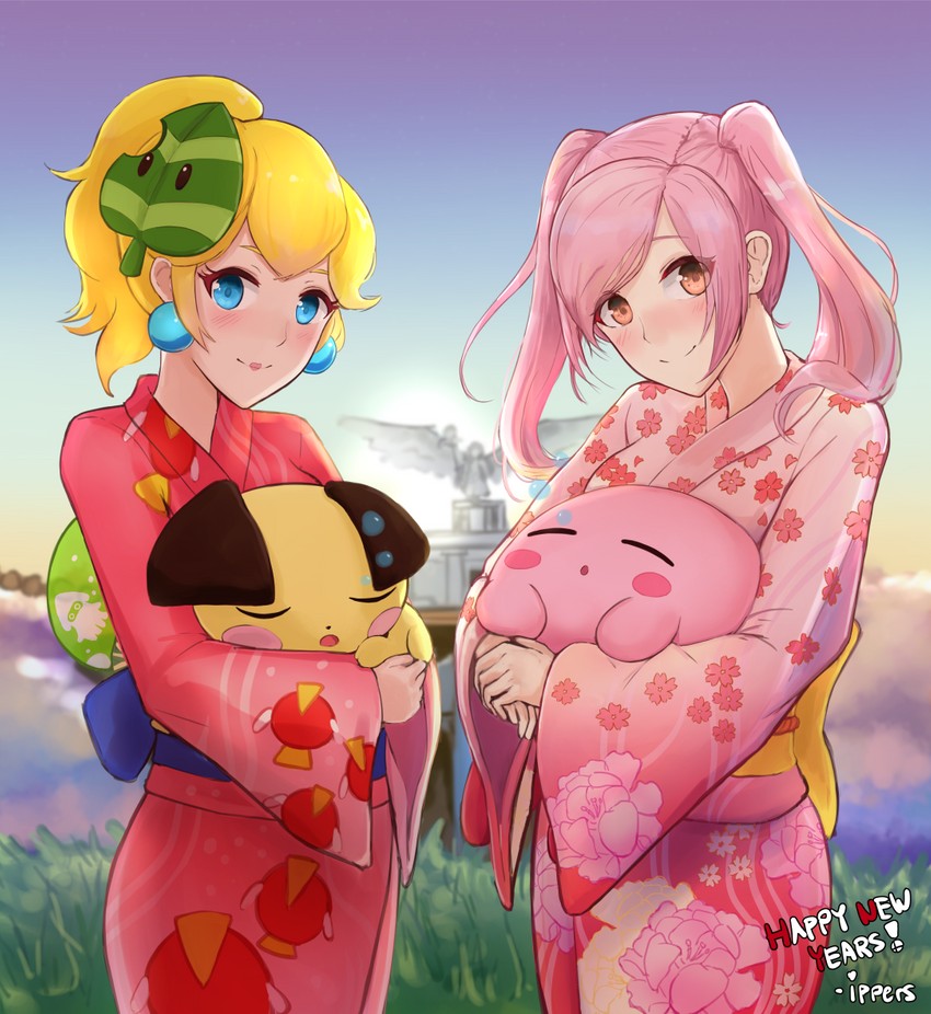 kirby, princess peach, female robin, pichu, blooper, and 1 more (pokemon and 6 more) drawn by ippers