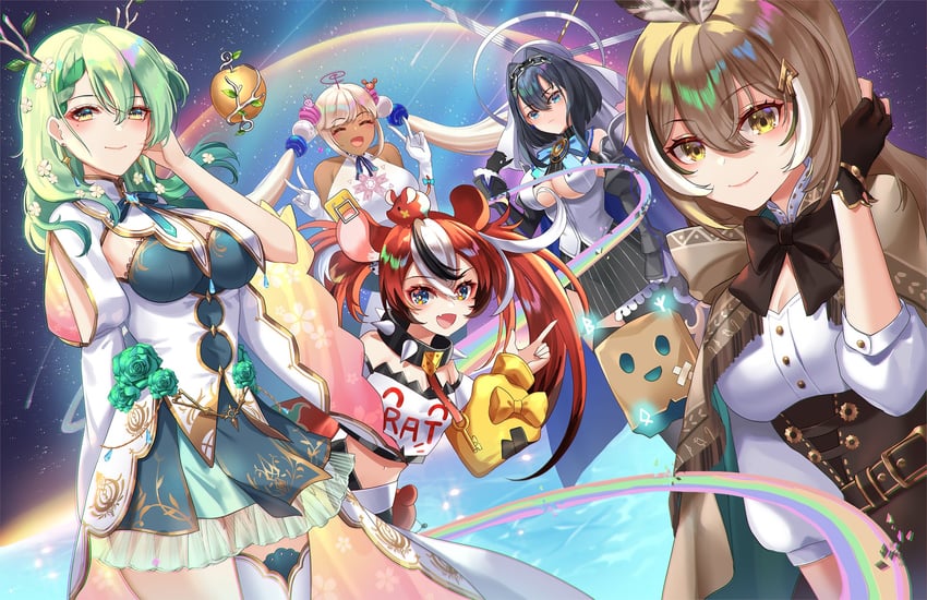 ouro kronii, nanashi mumei, hakos baelz, ceres fauna, tsukumo sana, and 1 more (hololive and 1 more) drawn by hanh_chu