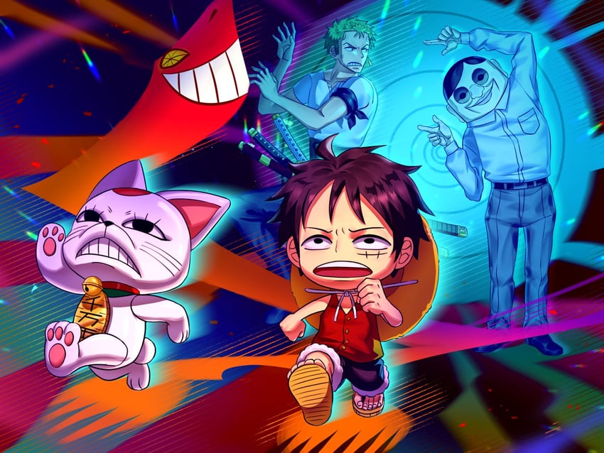 monkey d. luffy, roronoa zoro, turbo granny, serpo, nakai kazuya, and 1 more (one piece and 1 more) drawn by sucheen511
