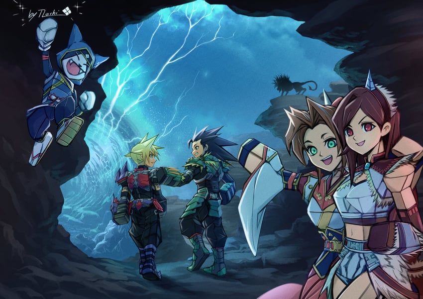 tifa lockhart, cloud strife, aerith gainsborough, zack fair, felyne, and 3 more (final fantasy and 3 more) drawn by mochi_mangaka