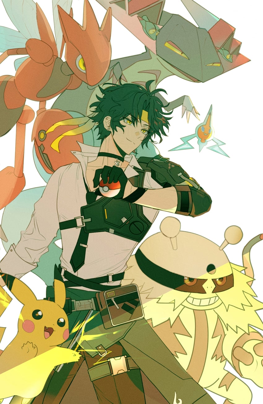 pikachu, rotom, asaba harumasa, scizor, dragapult, and 1 more (pokemon and 1 more) drawn by kanikaniroom