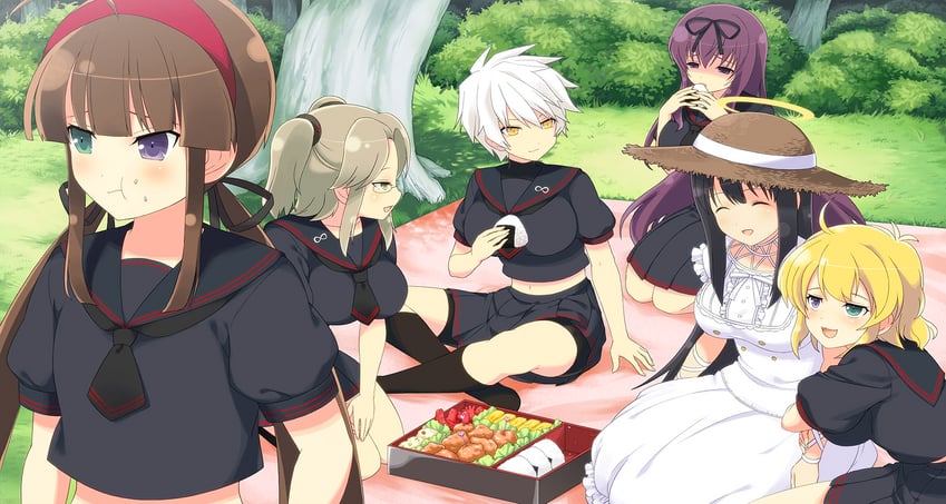 murasaki, ryouna, ryoubi, miyabi, imu, and 1 more (senran kagura and 1 more) drawn by yaegashi_nan