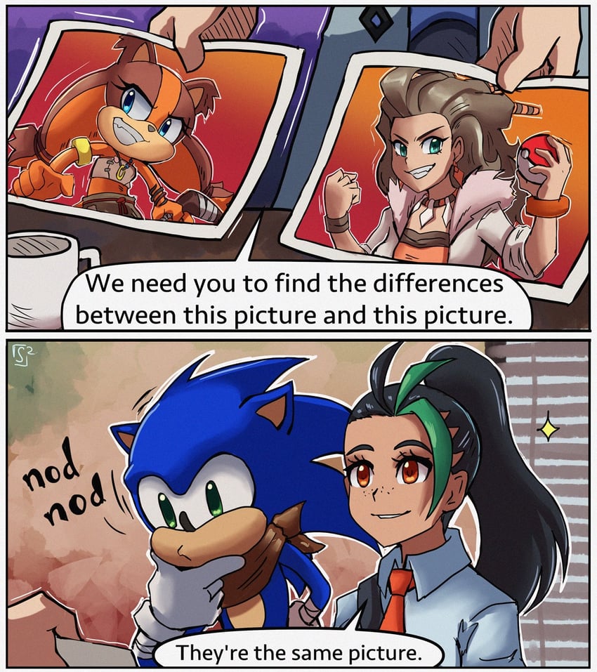 sonic the hedgehog, nemona, professor sada, professor turo, and sticks the badger (pokemon and 3 more) drawn by stoic_seraphim