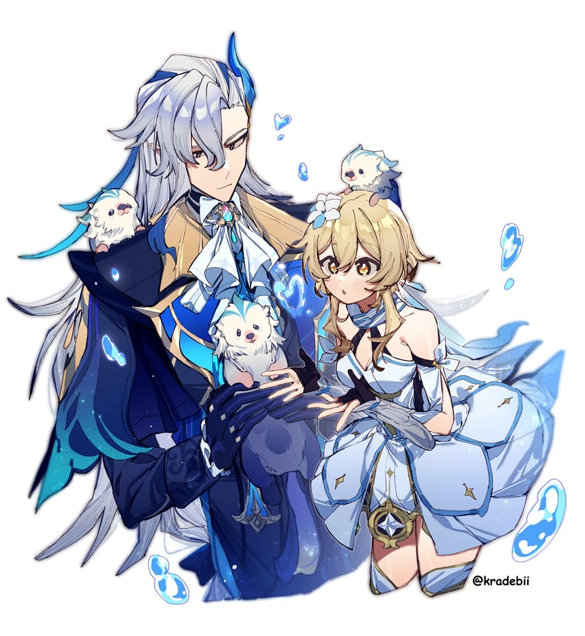 lumine, neuvillette, and leisurely otter (genshin impact) drawn by kradebii