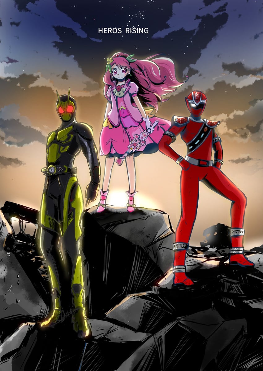 hanadera nodoka, cure grace, rabirin, kamen rider zero-one, and kiramei red (precure and 5 more) drawn by buta_obutu