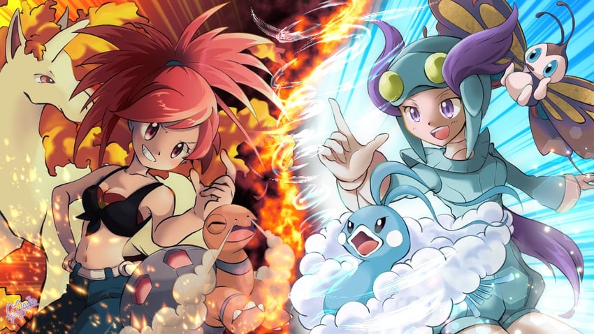 altaria, flannery, beautifly, rapidash, torkoal, and 1 more (pokemon and 1 more) drawn by marie_(marie_cookie222)
