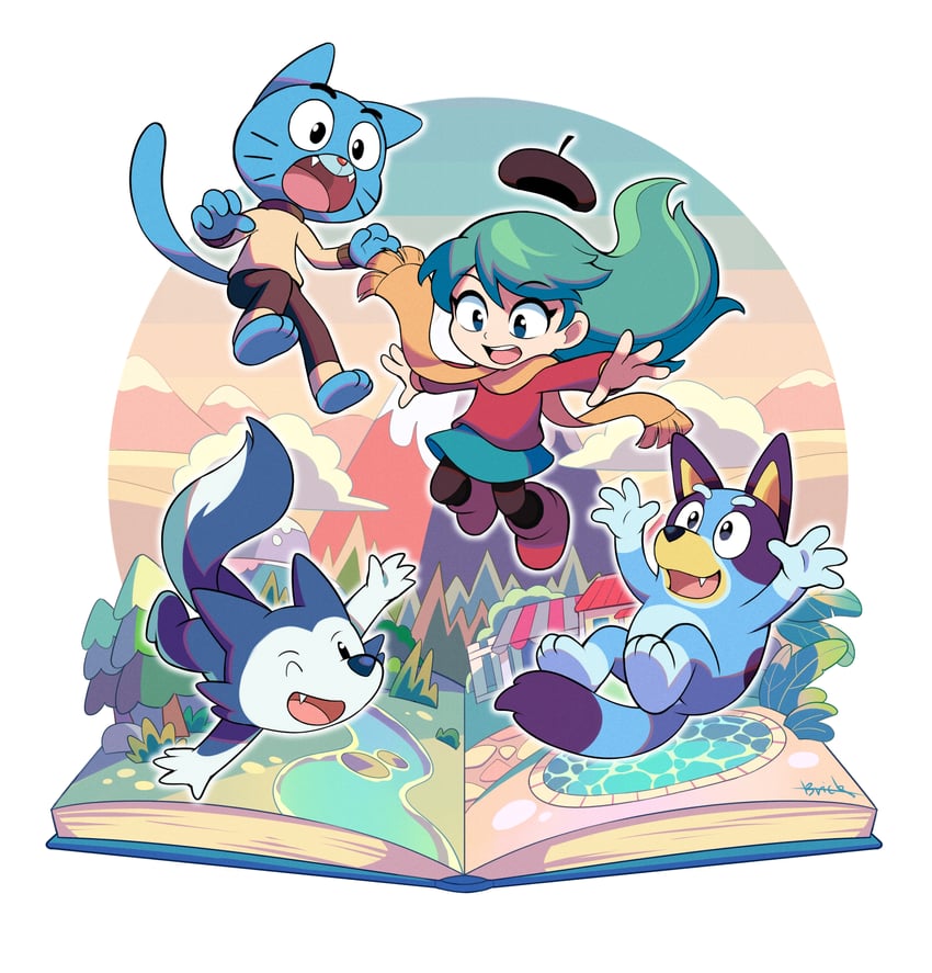 hilda, gumball watterson, bluey heeler, and lupin (the amazing world of gumball and 3 more) drawn by brick_st