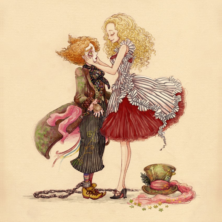 alice kingsleigh and tarrant hightopp (alice in wonderland) drawn by hideandseek
