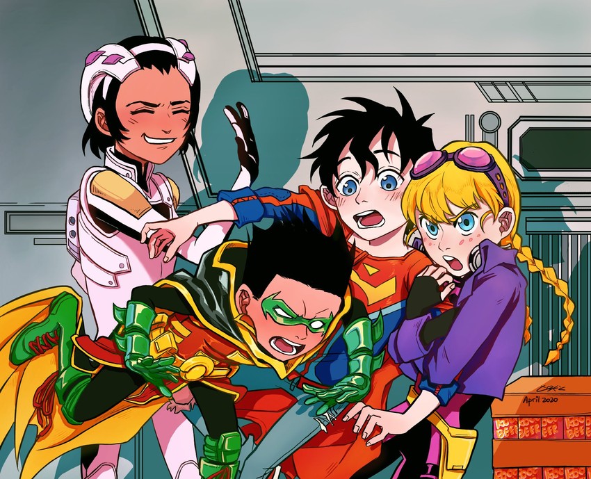robin, damian wayne, superboy, jonathan kent, kathy branden, and 1 more (dc comics and 1 more) drawn by gozerdor