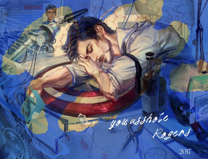 steve rogers, captain america, and tony stark (marvel and 2 more) drawn by peachline1106