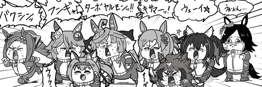 twin turbo, haru urara, daitaku helios, matikanefukukitaru, fine motion, and 3 more (umamusume) drawn by danpey