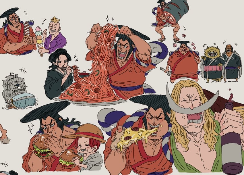 shanks, marco, edward newgate, kouzuki oden, izou, and 3 more (one piece) drawn by hyena_fanta