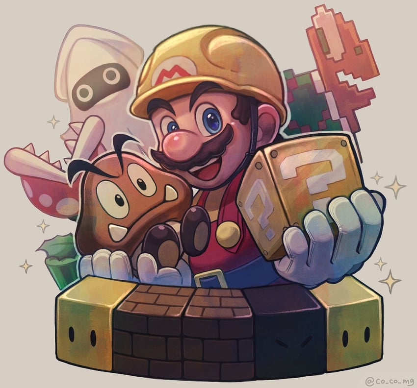 mario, piranha plant, goomba, koopa troopa, blooper, and 1 more (mario and 1 more) drawn by co_co_mg