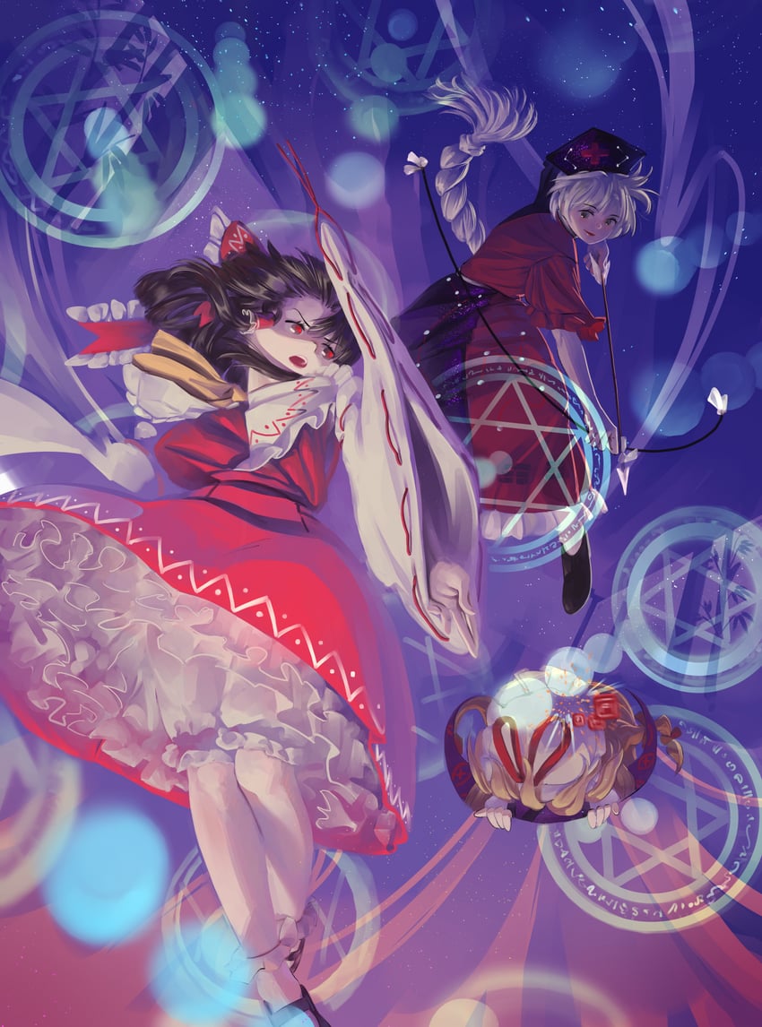 hakurei reimu, yakumo yukari, and yagokoro eirin (touhou and 1 more) drawn by riki6