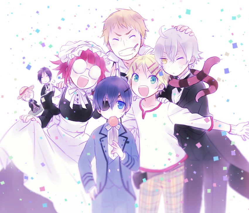 ciel phantomhive, sebastian michaelis, meirin, finnian, bardroy, and 2 more (kuroshitsuji) drawn by yuuma_(omaeno_meinichi)