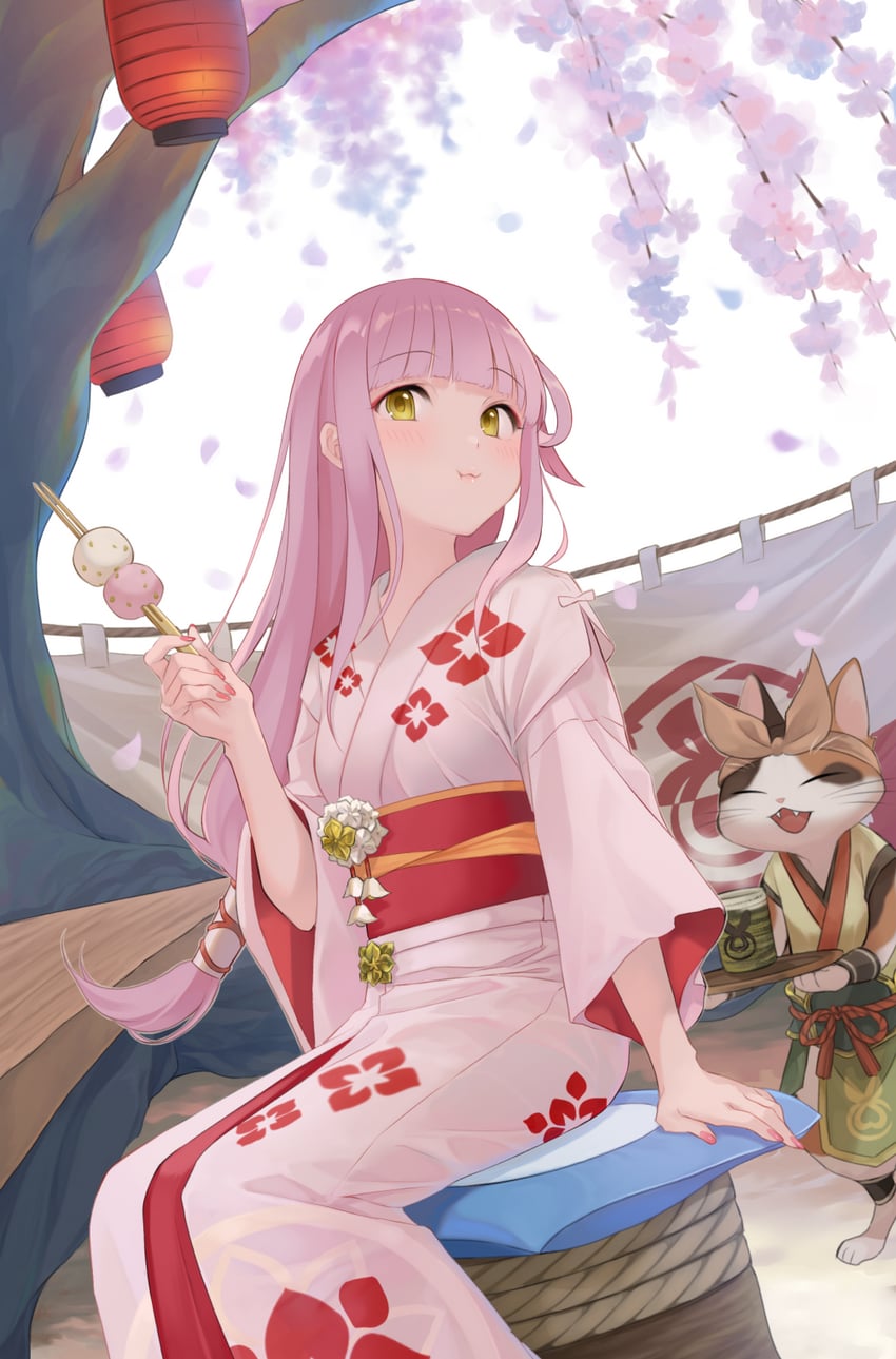 tea shop felyne (original and 2 more) drawn by q-v_(levia)