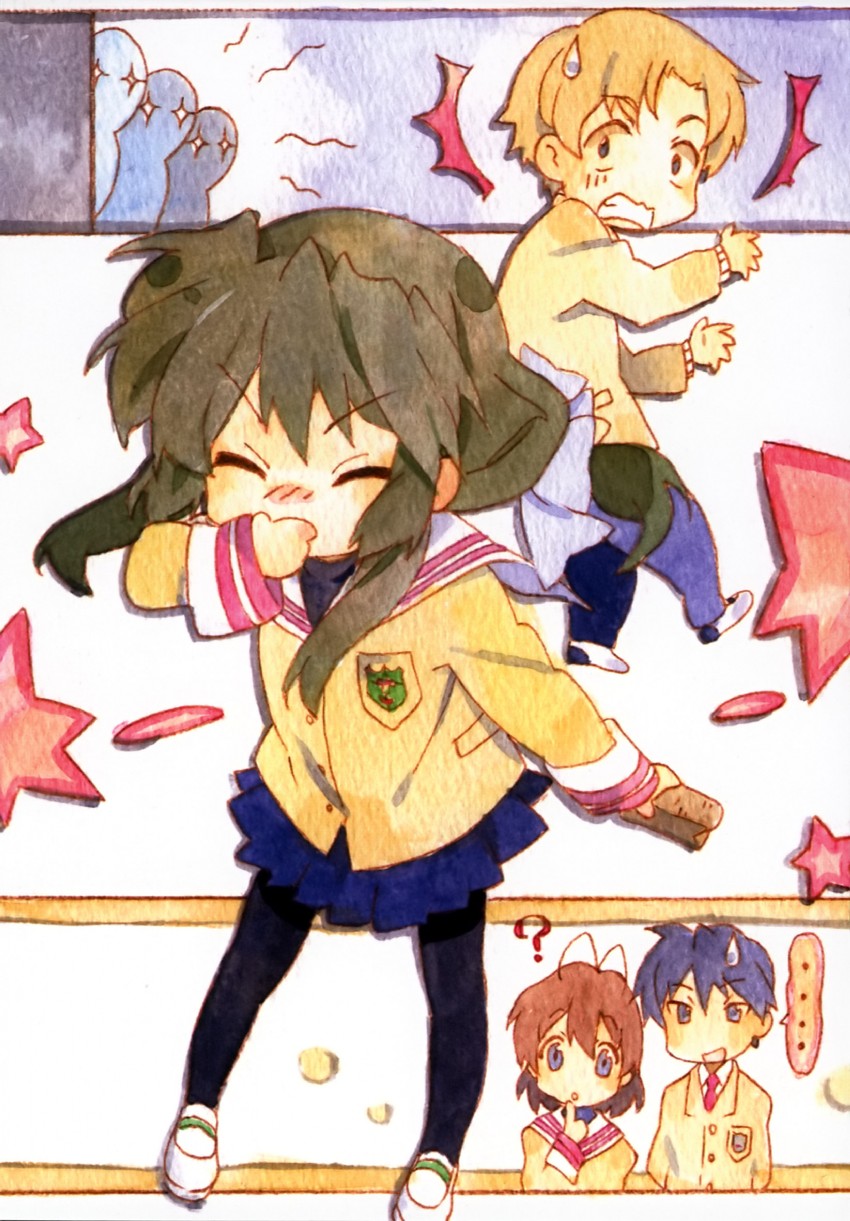 furukawa nagisa, ibuki fuuko, sakagami tomoyo, and sunohara youhei (clannad) drawn by horiguchi_yukiko