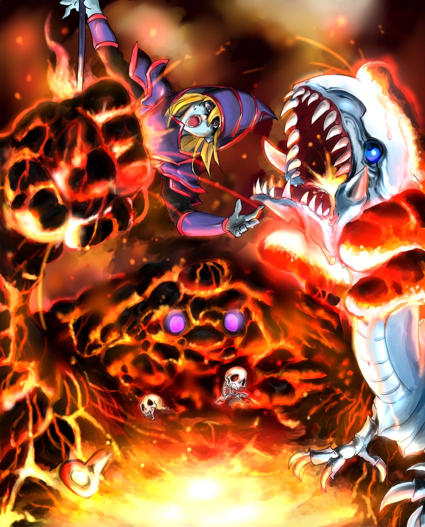 dark magician, blue-eyes white dragon, and lava golem (yu-gi-oh! and 1 more) drawn by ryou_(cagw5223)
