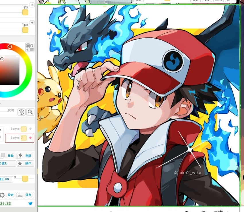 pikachu, red, charizard, and mega charizard x (pokemon and 1 more) drawn by tako2_eaka