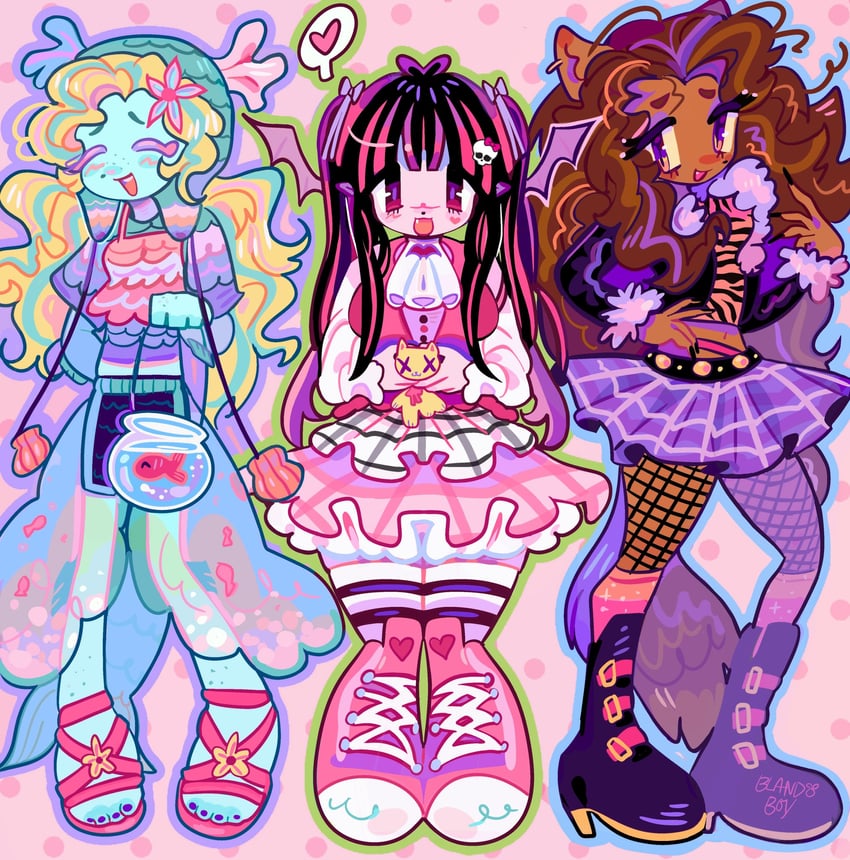 draculaura, clawdeen wolf, and lagoona blue (monster high) drawn by blandboyx