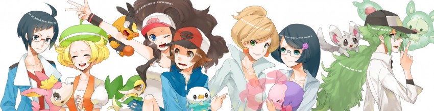 hilda, hilbert, n, oshawott, snivy, and 10 more (pokemon and 1 more) drawn by gum_(gmng)