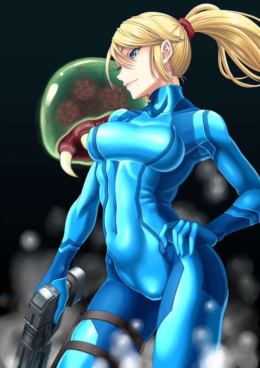 samus aran, metroid, and metroid larva (metroid and 1 more) drawn by syunzou