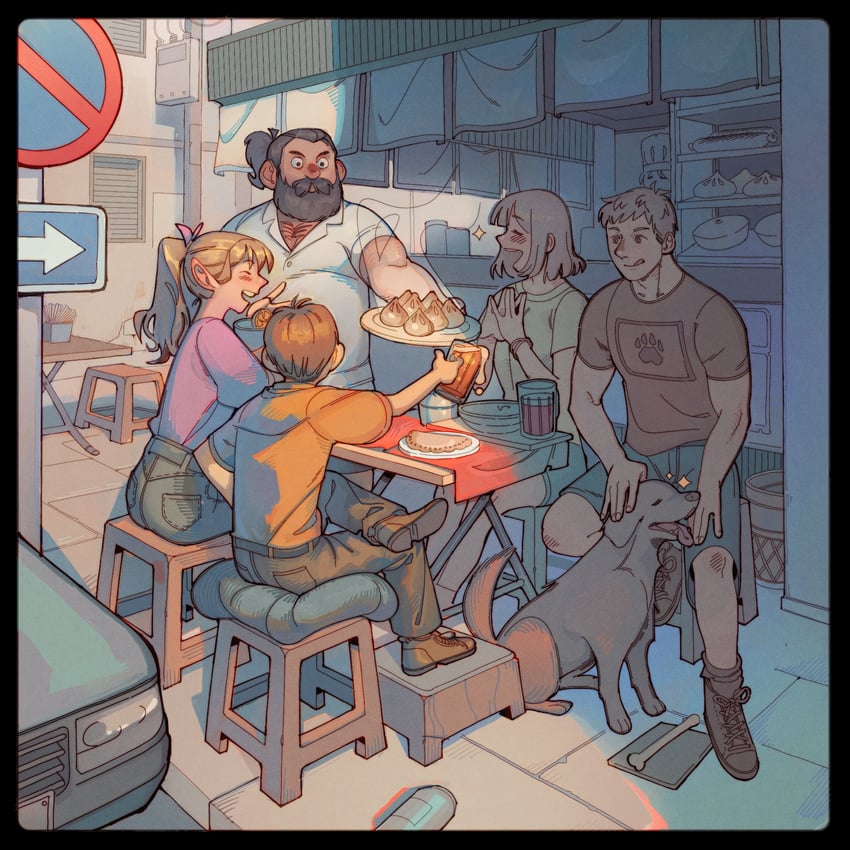 marcille donato, falin touden, laios touden, senshi, and chilchuck tims (dungeon meshi) drawn by istarling
