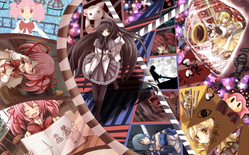 akemi homura, kaname madoka, miki sayaka, tomoe mami, kyubey, and 1 more (mahou shoujo madoka magica) drawn by haru_ion