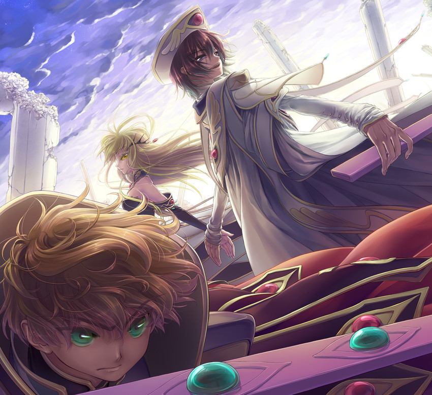 c.c., lelouch vi britannia, and kururugi suzaku (code geass) drawn by minami_(apricot_tea)