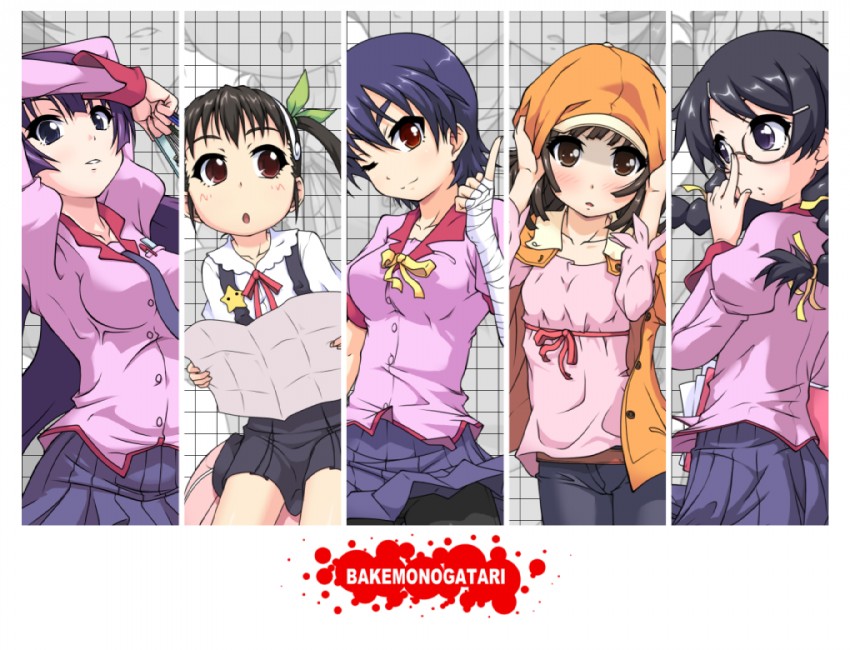 senjougahara hitagi, hanekawa tsubasa, sengoku nadeko, hachikuji mayoi, and kanbaru suruga (monogatari and 2 more) drawn by k10k