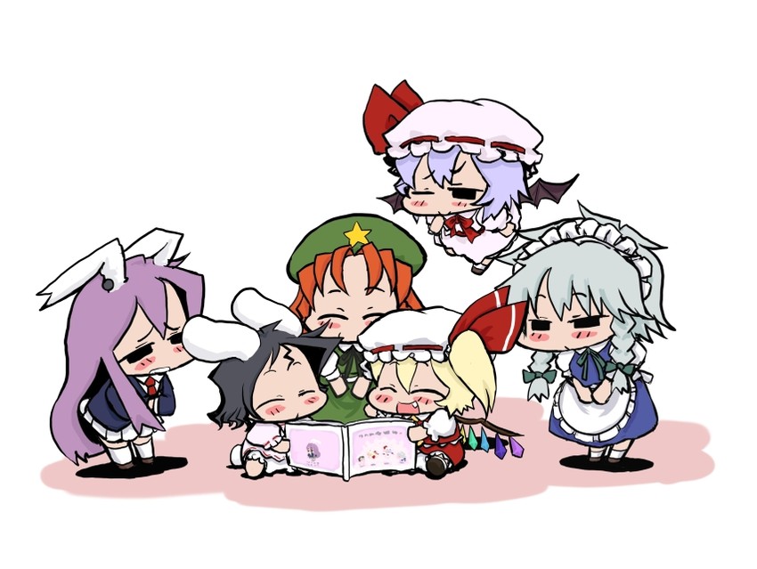 remilia scarlet, flandre scarlet, izayoi sakuya, reisen udongein inaba, hong meiling, and 1 more (touhou) drawn by baku_taso