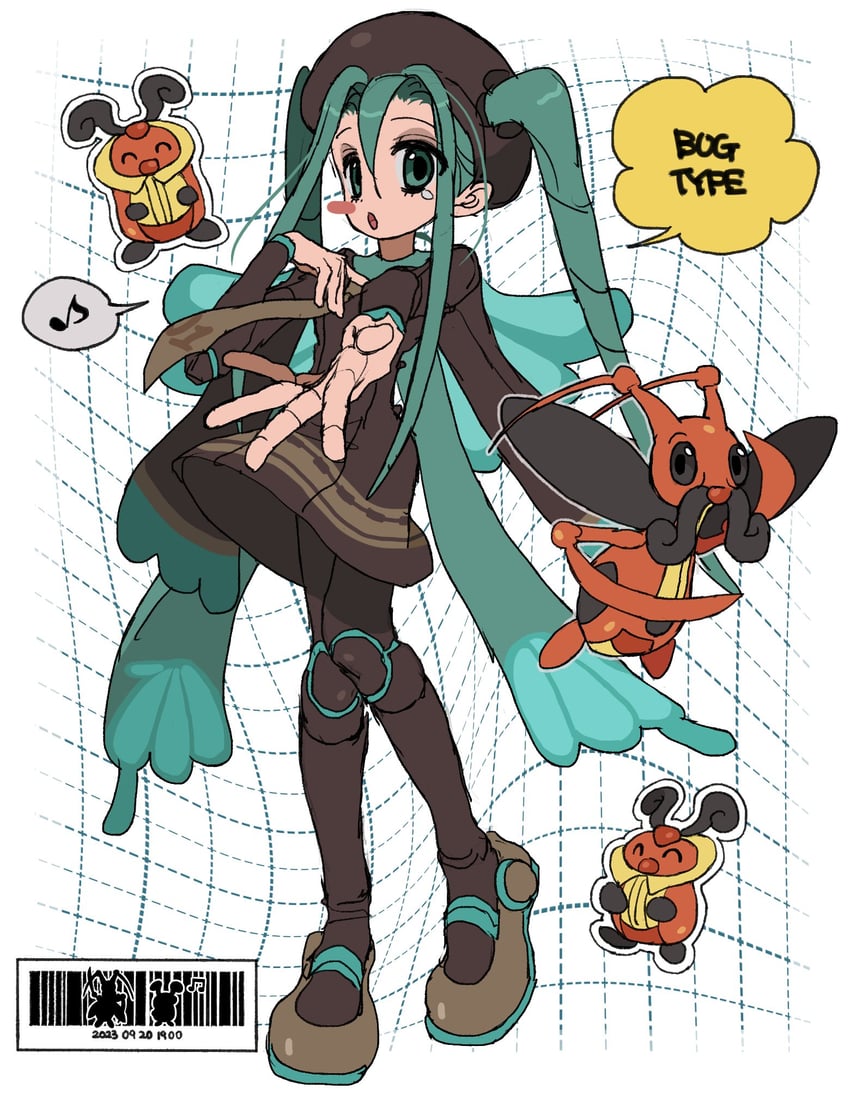 hatsune miku, bug miku, kricketune, and kricketot (pokemon and 2 more) drawn by jwnn