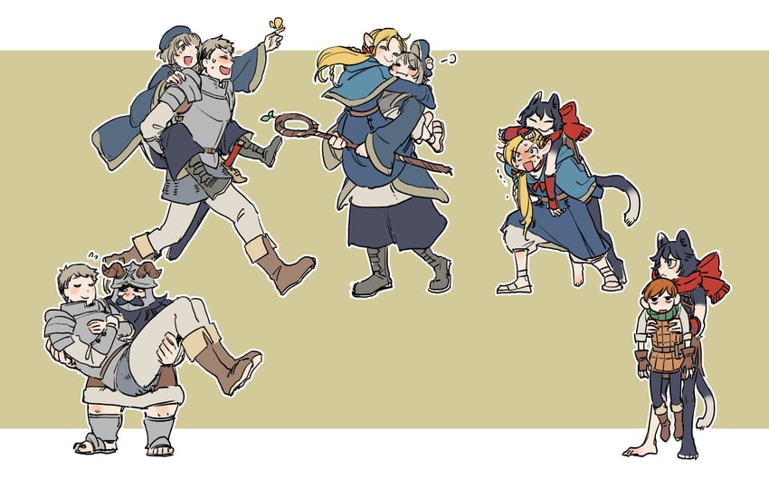 marcille donato, falin touden, laios touden, senshi, chilchuck tims, and 1 more (dungeon meshi) drawn by nichi_(hibi_suimin)