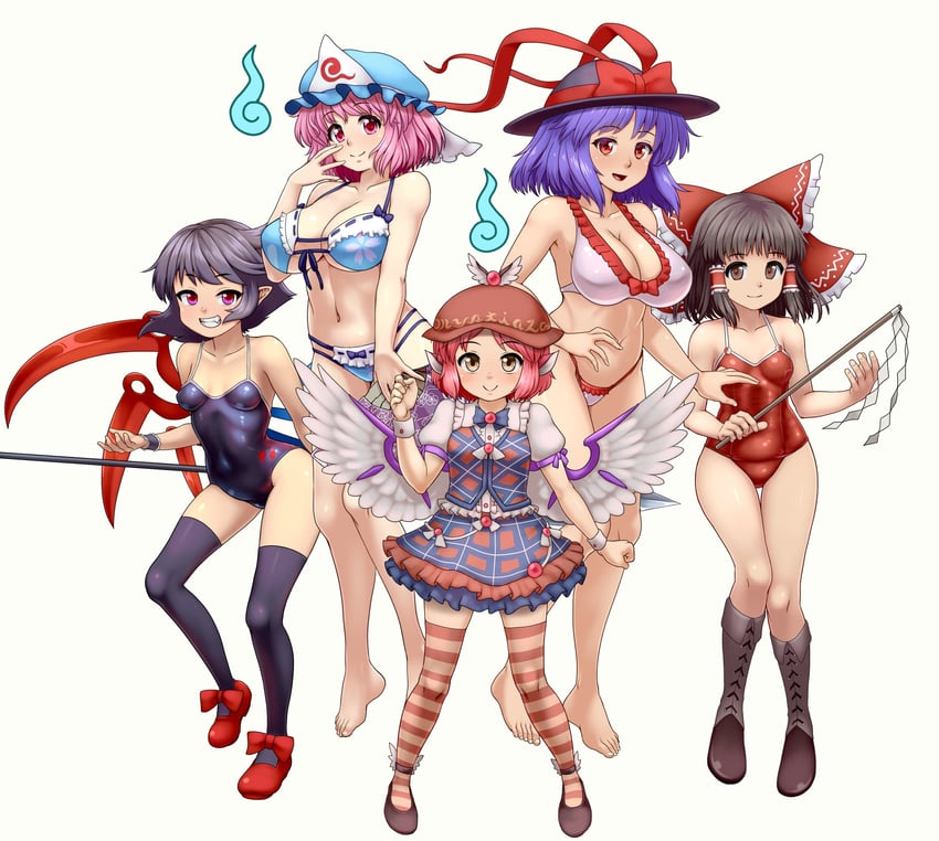 hakurei reimu, saigyouji yuyuko, mystia lorelei, houjuu nue, and nagae iku (touhou and 1 more) drawn by d.koutya