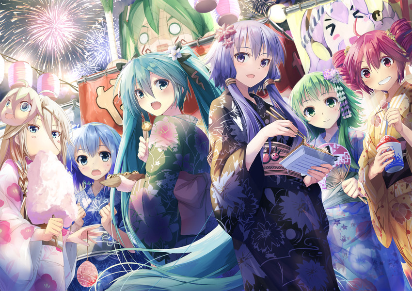 hatsune miku, megurine luka, kasane teto, yuzuki yukari, gumi, and 4 more (vocaloid and 2 more) drawn by daidou_(demitasse)