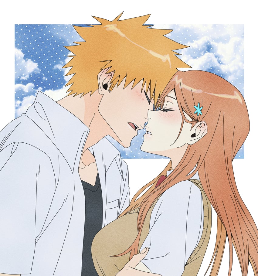 inoue orihime and kurosaki ichigo (bleach) drawn by n_(nauki_11)