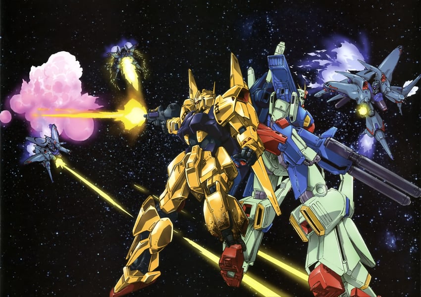 zz gundam, hyaku shiki, and jamru fin (gundam and 2 more)