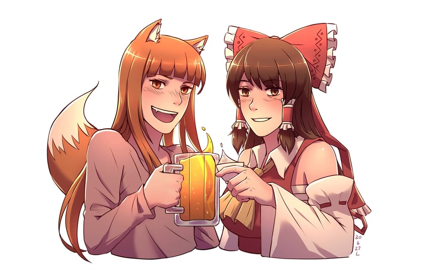 hakurei reimu and holo (touhou and 1 more) drawn by royl