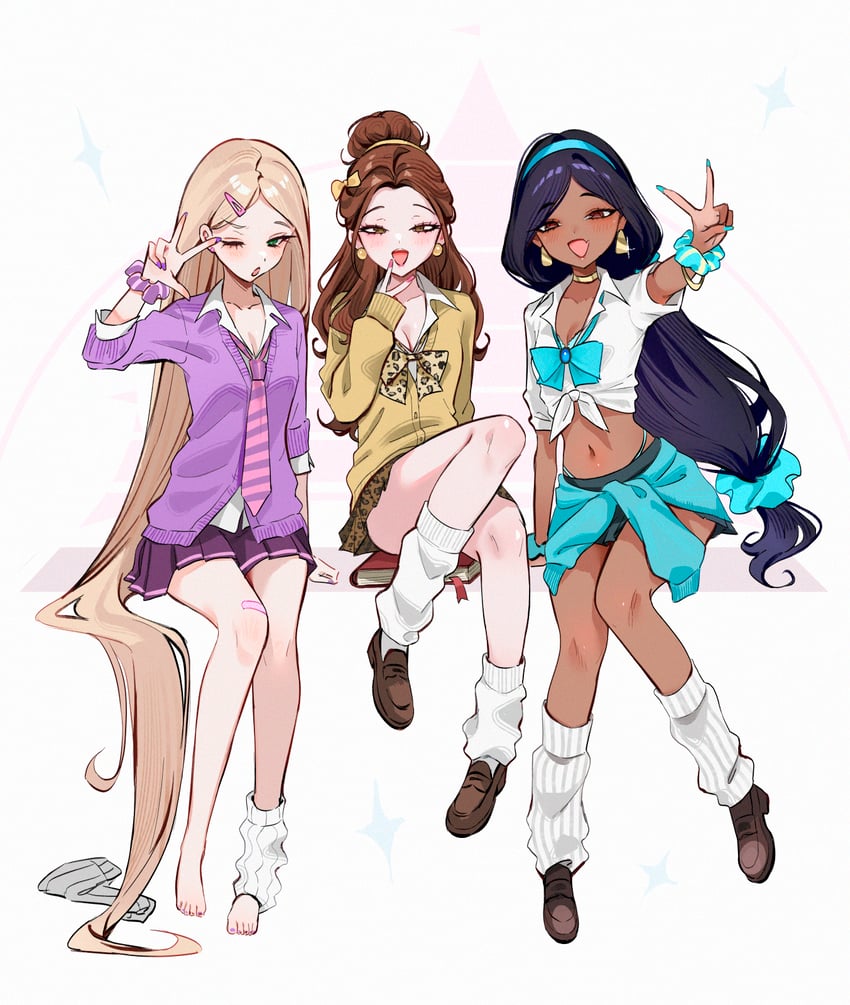rapunzel, jasmine, and belle (disney and 4 more) drawn by ompf